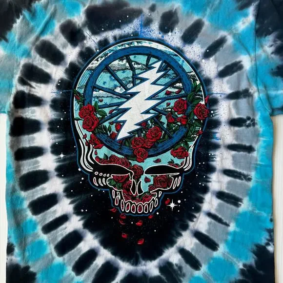Grateful Dead Liquid Blue Tie Dye Skull Roses Steal Your Bertha Tee Double Sided - Picture 4 of 10